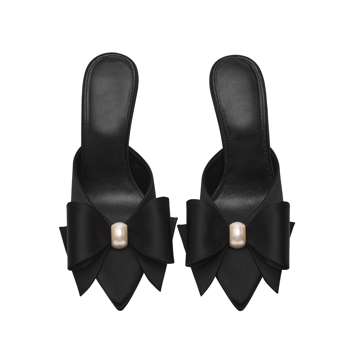 Black Satin Pointed-Toe Front Big Bow Slip-On Backless High Heels
