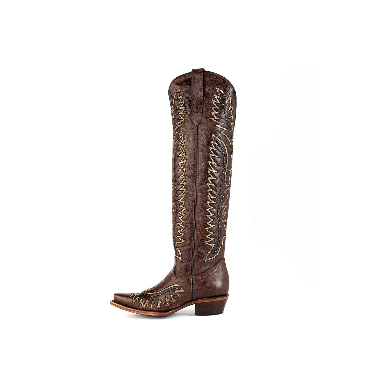 Brown Snip-Toe Wings Embroidery Studded Half-Zip Knee High Cowgirl Boots