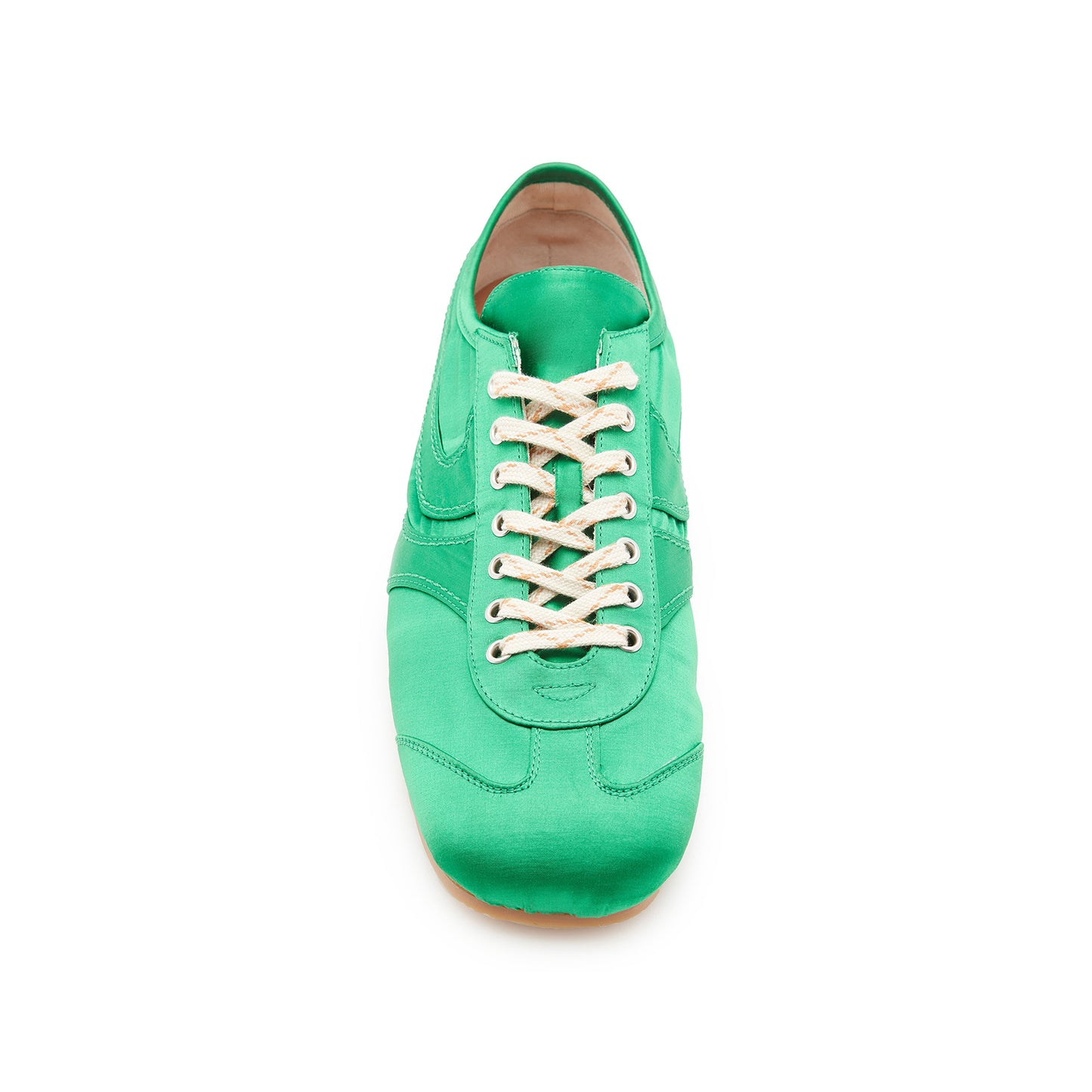 Green Satin Square-Toe Lace-Up Sneakers Flats