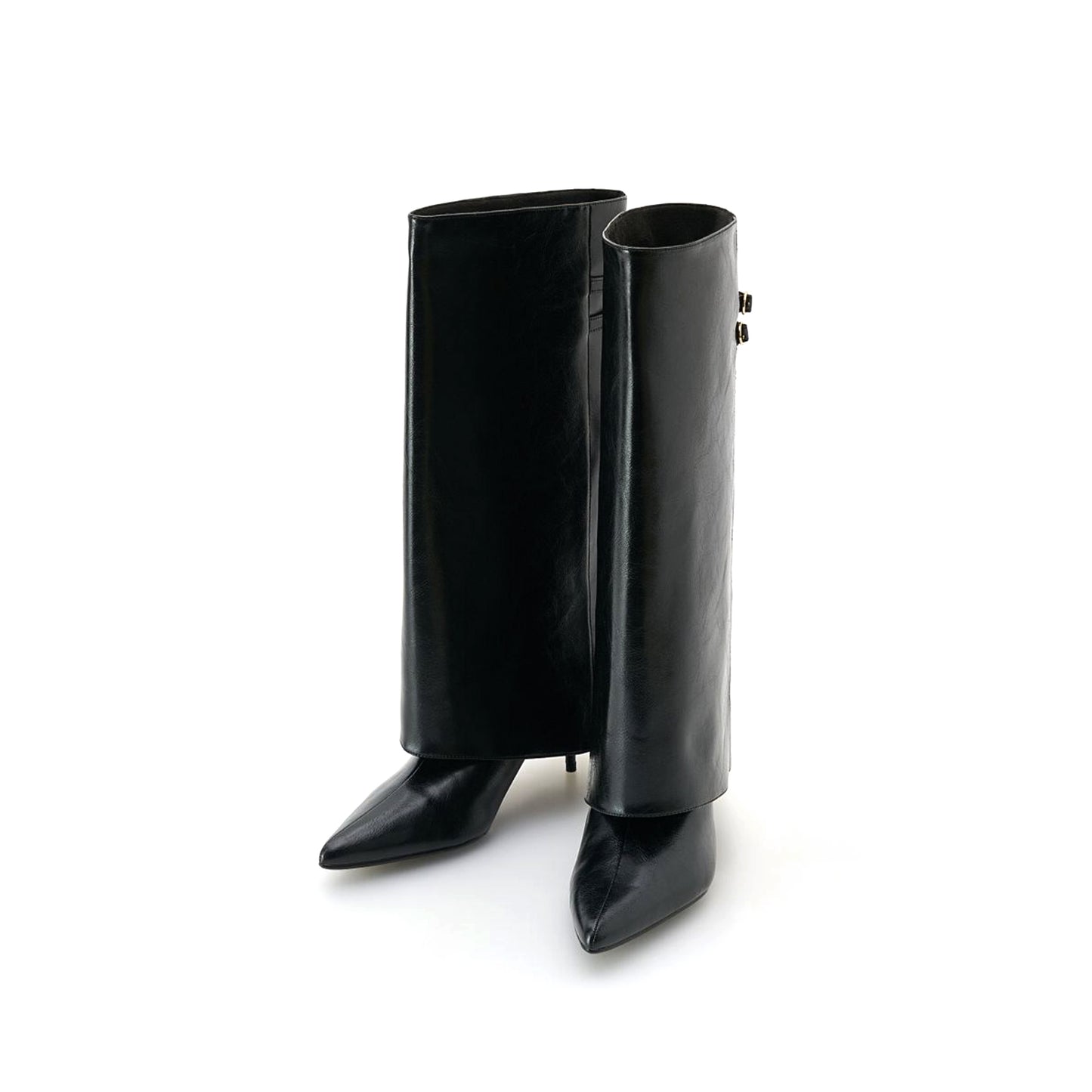 Black Pointed-Toe Fold-Over Back Double Straps Mid Calf Stiletto Boots