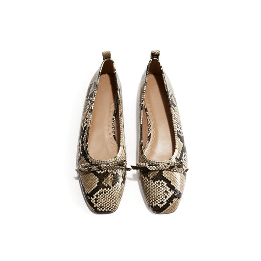 Snakeskin Square-Toe Classic Ballet Flats With Front Bow