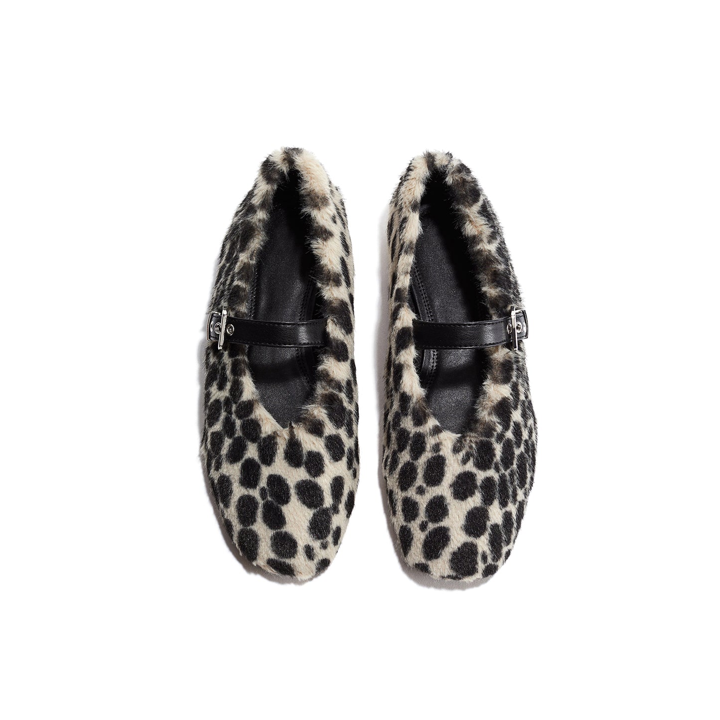 Light Beige Spotted Plush Round-Toe Bridge Strap Flats