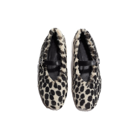 Light Beige Spotted Plush Round-Toe Bridge Strap Flats