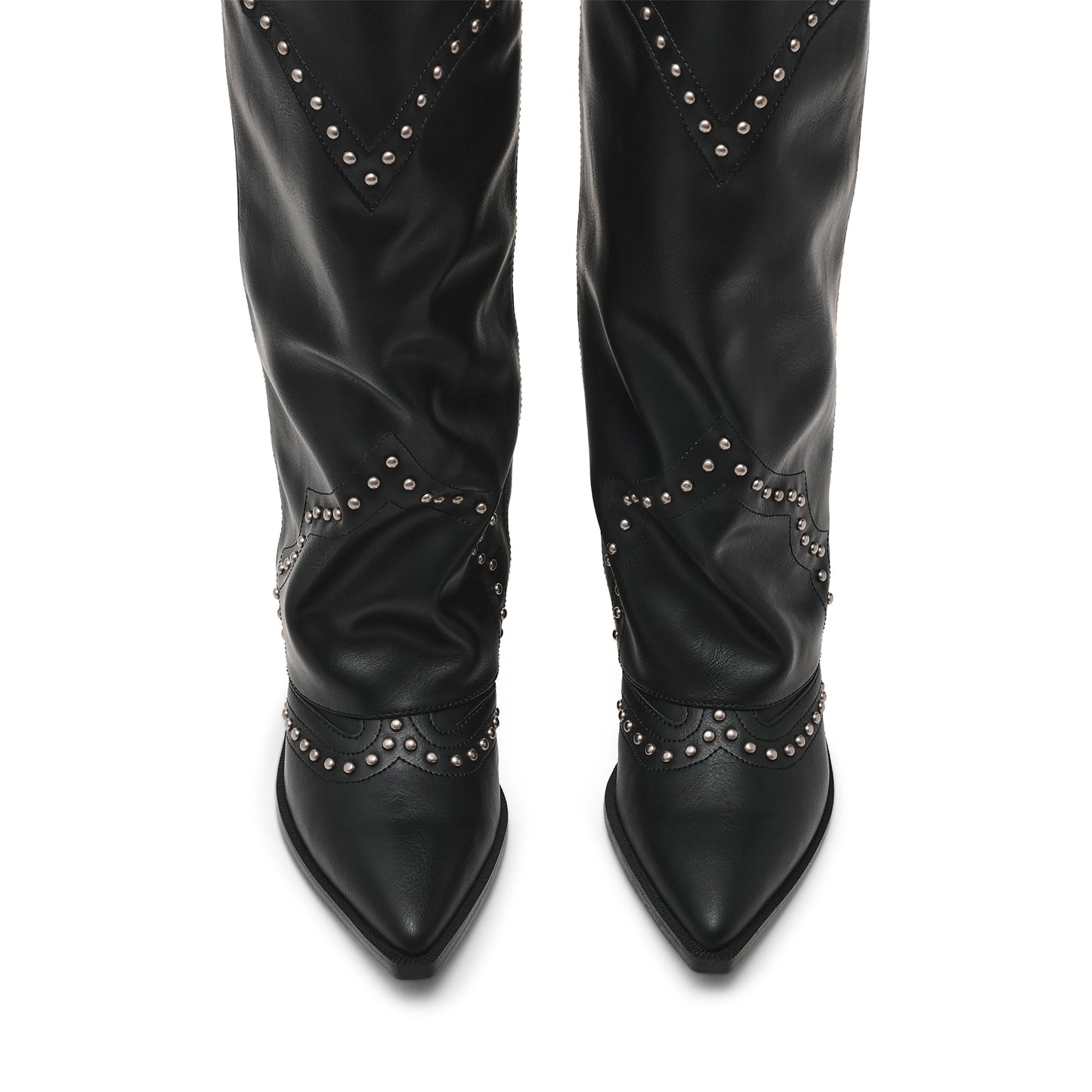 Black Pointed-Toe Studded Fold-Over Wide Calf Knee High Cowgirl Boots