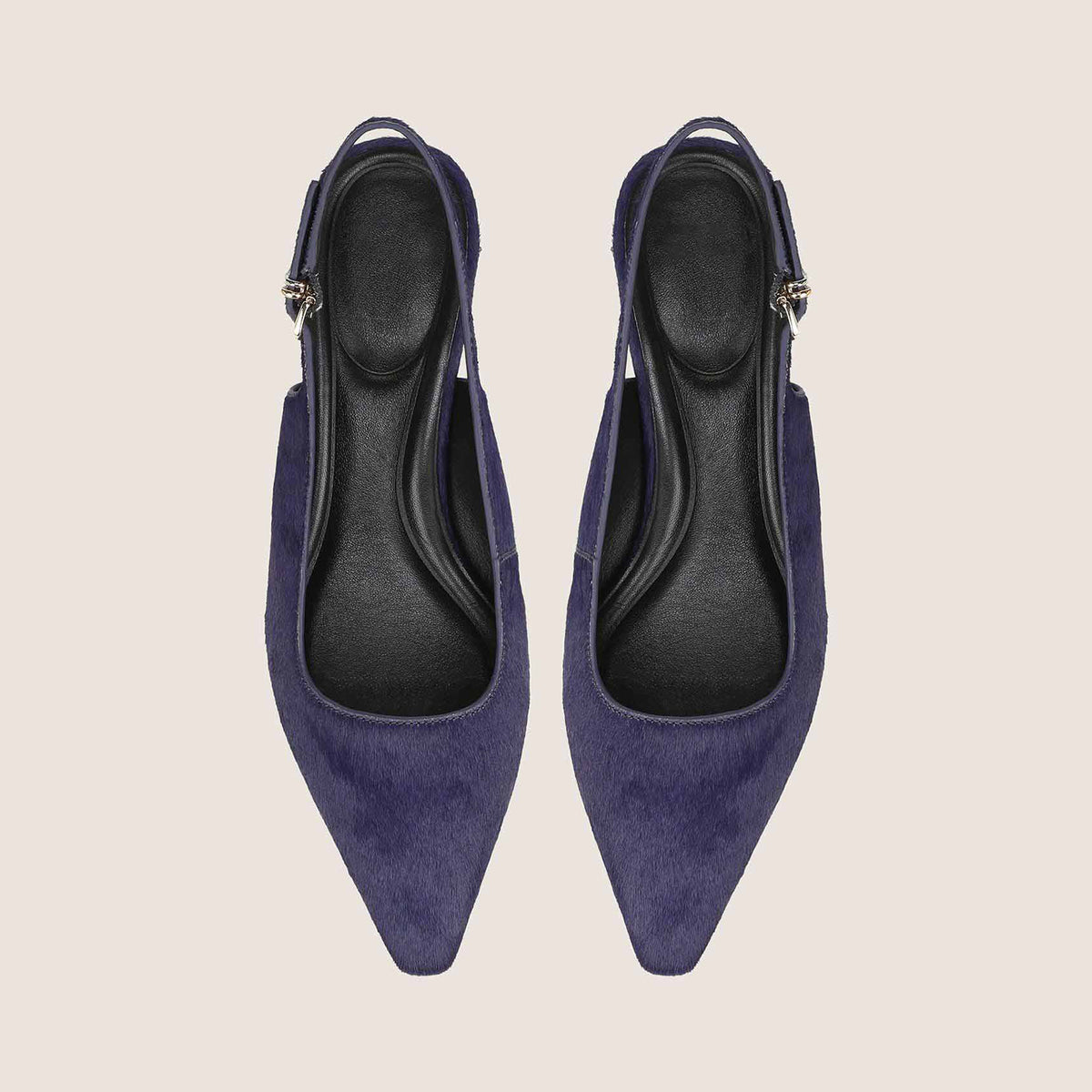 Navy Pony Hair Vegan Leather Chic Pointed-Toe Buckle Slingback Kitten Heels
