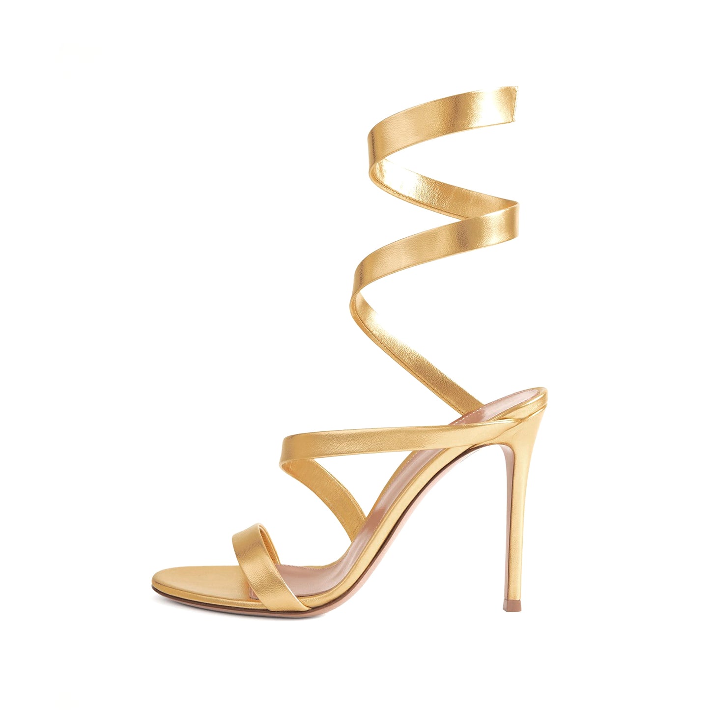 Metallic Gold Round-Toe Spiral Ankle Straps Sandals High Heels