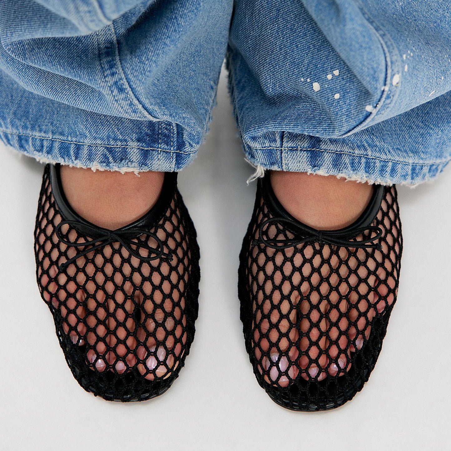 Black Mesh And Vegan Leather Square-Toe Front Bow Ballet Flats