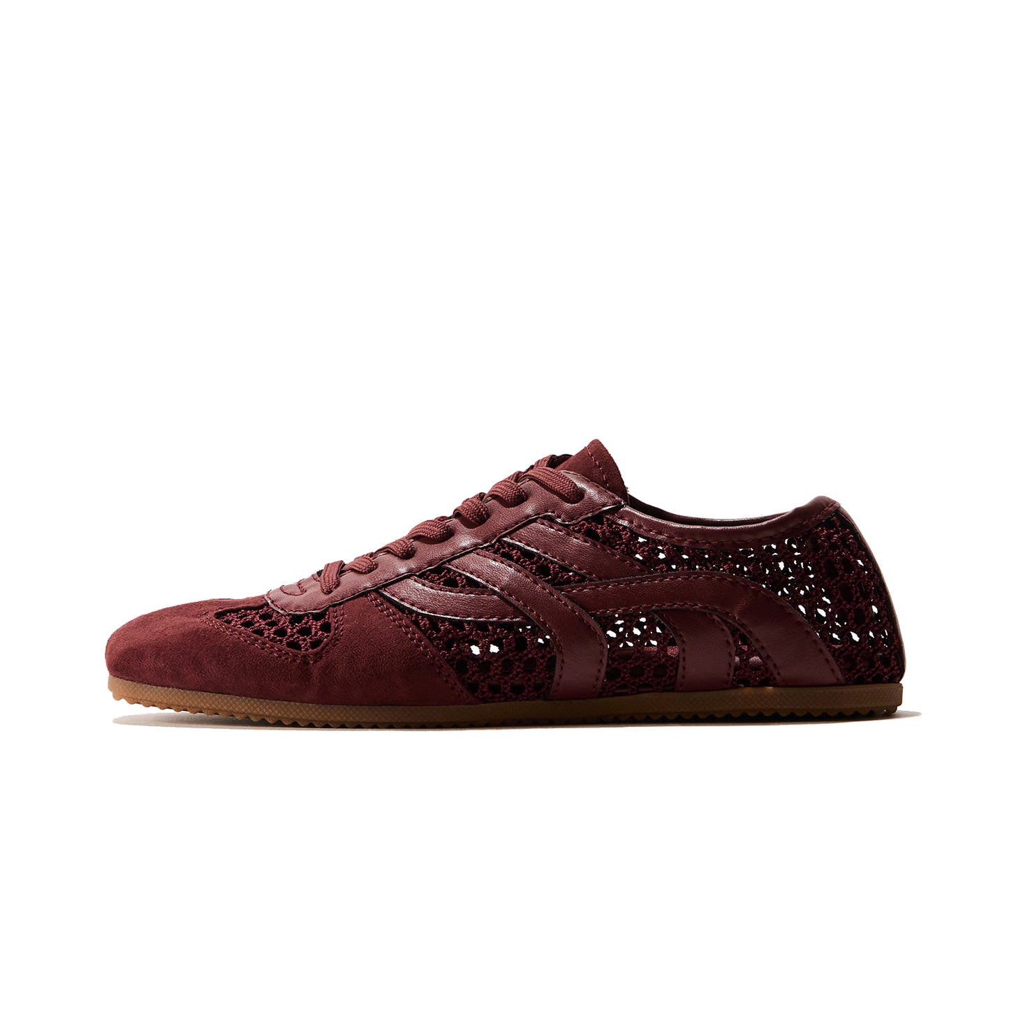 Burgundy Cow Suede And Mesh Square-Toe Lace-Up Classic Flats Sneakers