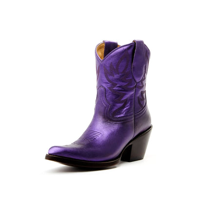 Metallic Purple Almond-Toe Embroidery Ankle Cowgirl Boots