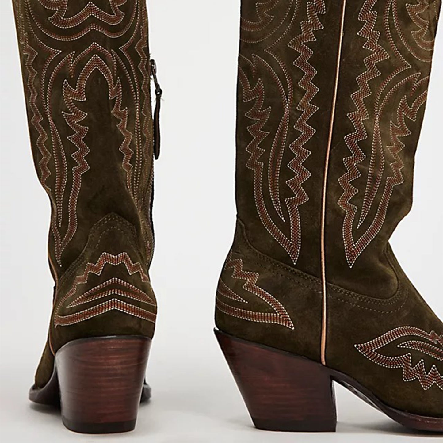 Olive Green Faux Suede Snip-Toe Embroidery Half-Zip Knee High Cowgirl Boots