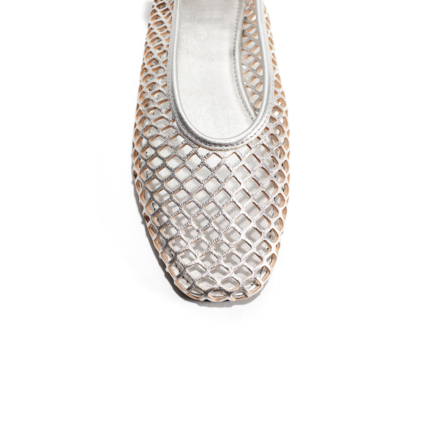 Metallic Silver Square-Toe Perforated Ballet Flats With Ankle Strap