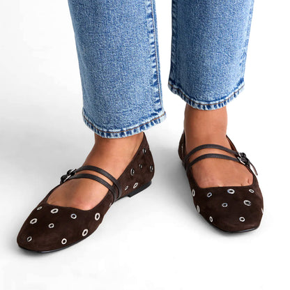 Cocoa Faux Suede Square-Toe Eyelet Double Buckle Bridge Strap Flats