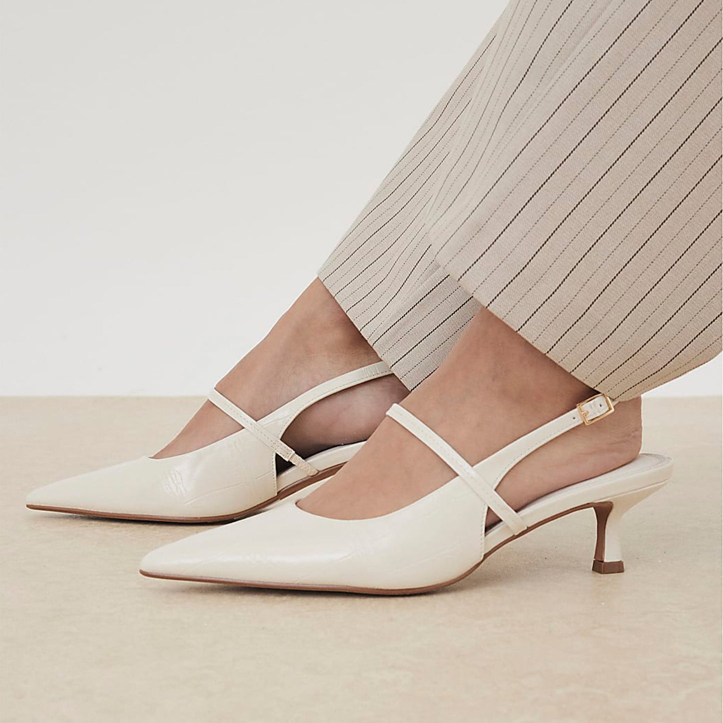 Cream Stone-Print Pointed-Toe Strappy Slingback Kitten Heels