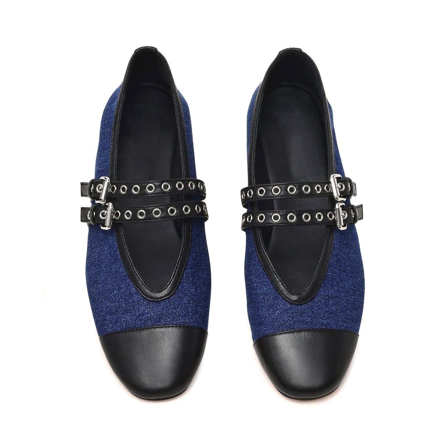 Blue Square-Toe Double Bridge Straps With Eyelets Classic Ballet Flats