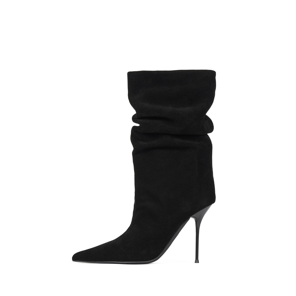 Black Faux Suede Pointed-Toe Slip-On Ankle Stiletto Boots