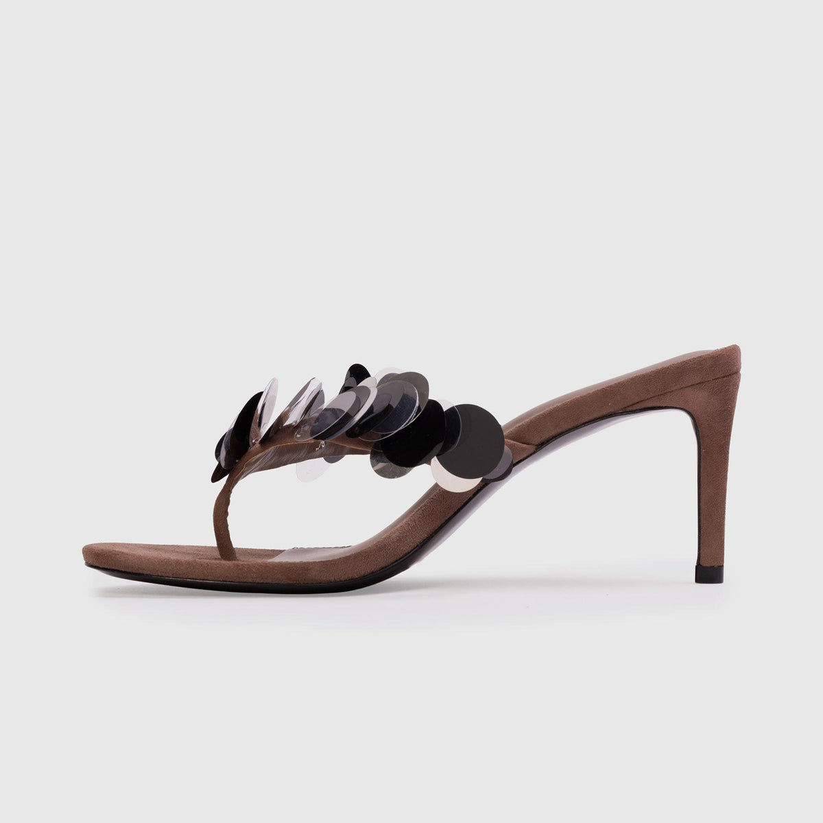 Taupe Faux Suede Round-Toe Flip-Flop With Sequins Backless High Heels