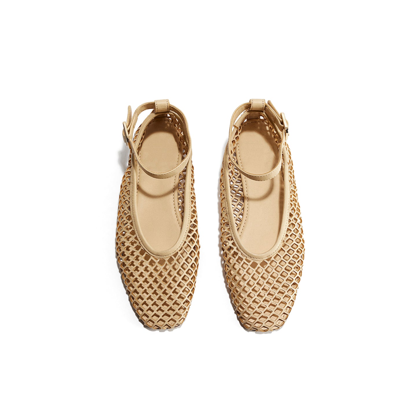 Light Yellow Square-Toe Perforated Ballet Flats With Ankle Strap