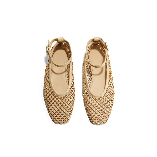 Light Yellow Square-Toe Perforated Ballet Flats With Ankle Strap