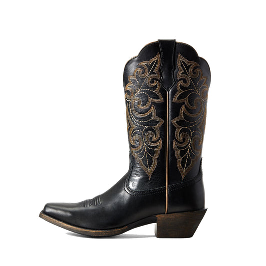 Black Square-Toe Chic Embroidery Classic Mid Calf Cowgirl Boots