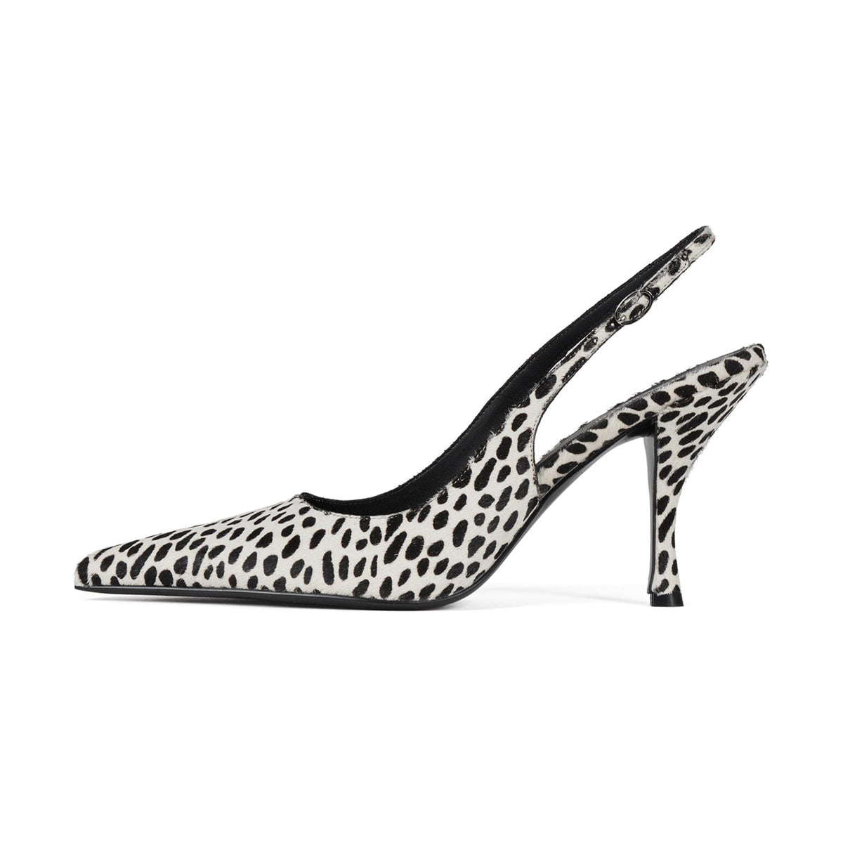 White And Black Spots Pony Hair Vegan Leather Pointed-Toe Slingback High Heels