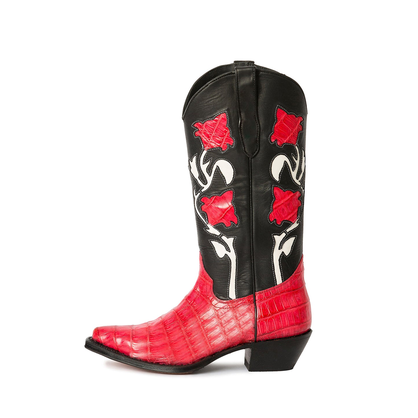 Black Almond-Toe Flowers And Crocodile Print Appliques Mid Calf Cowgirl Boots