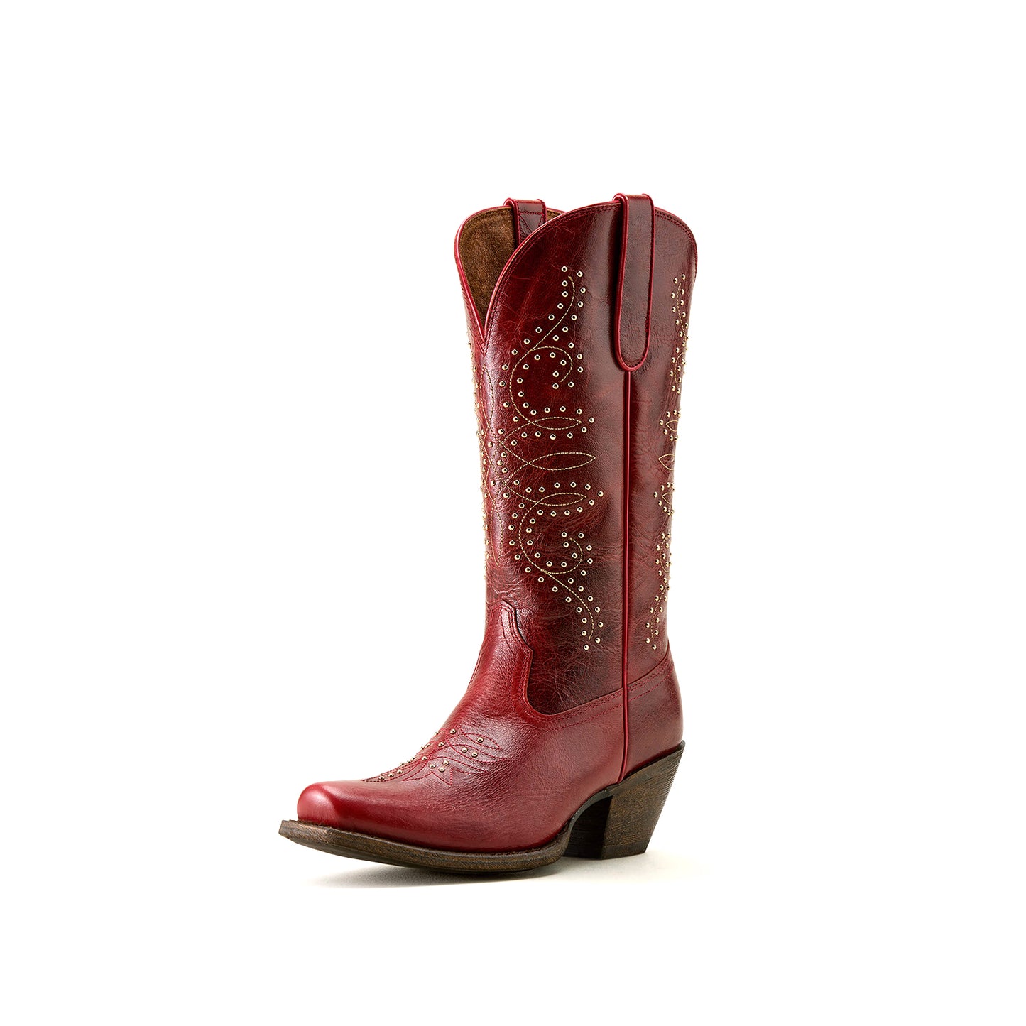 Red Square-Toe Studs Embroidery Mid Calf Cowgirl Boots