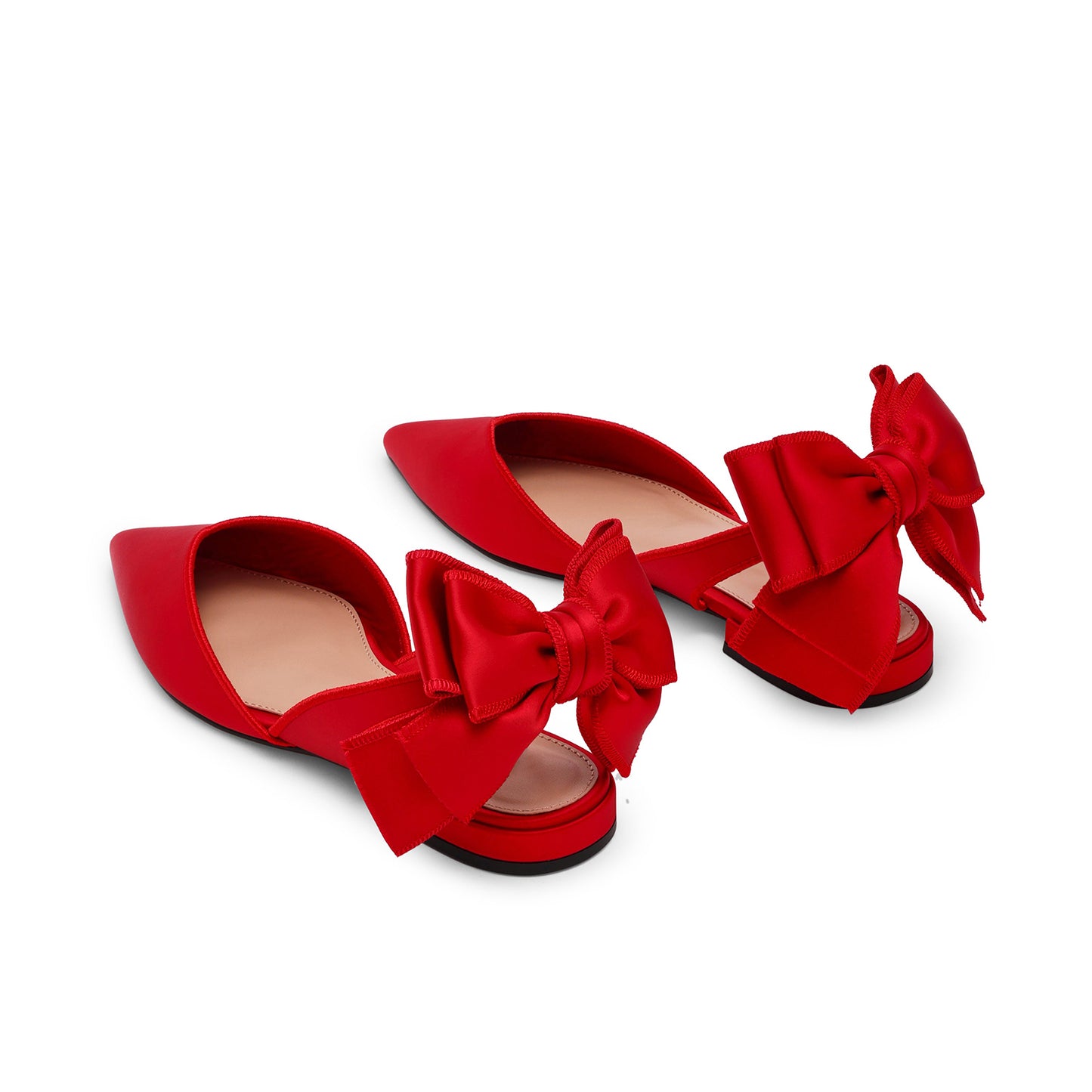 Red Satin Pointed-Toe Slingback Back Bow Flats