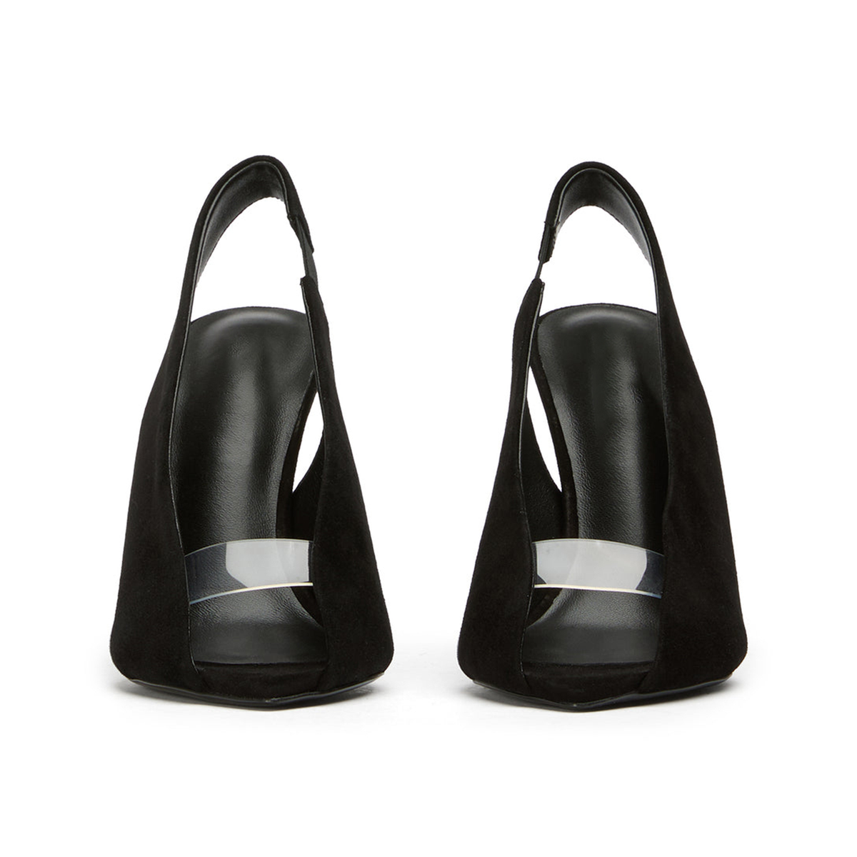 Black Faux Suede Pointed-Toe Front Transparent TPU Film Slingback High Heels