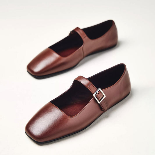 Coffee Square-Toe Bridge Strap Mary Janes Flats