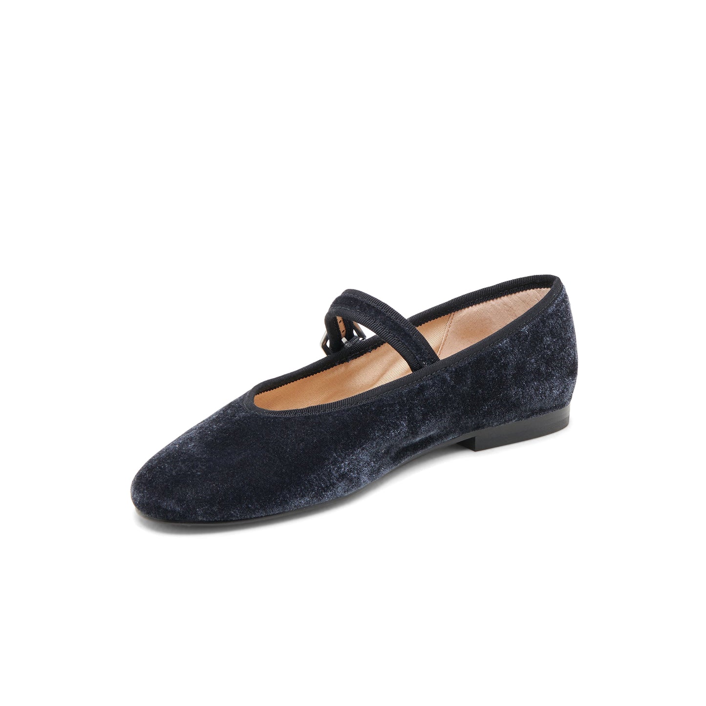 Dark Blue Velvet Round-Toe Vegan Leather Bridge Strap Ballet Flats