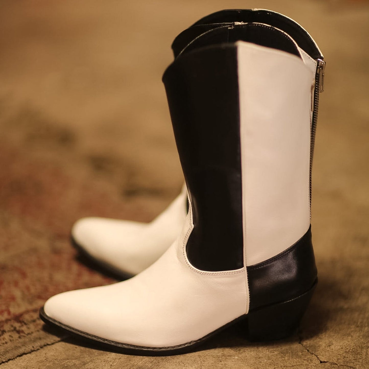 Black And White Almond-Toe Simple Back Full-Zip Mid Calf Cowgirl Boots