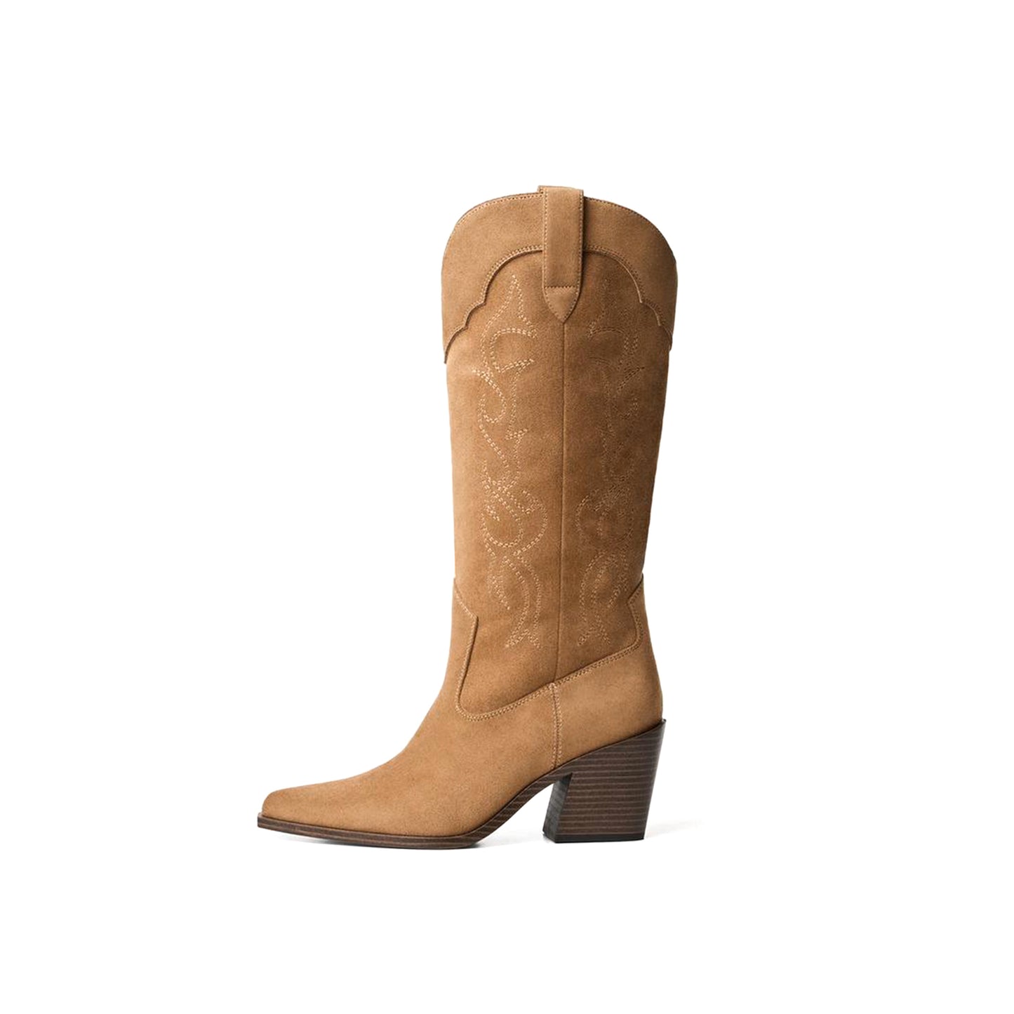 Sand Faux Suede Pointed-Toe Embroidery Mid Calf Cowgirl Boots