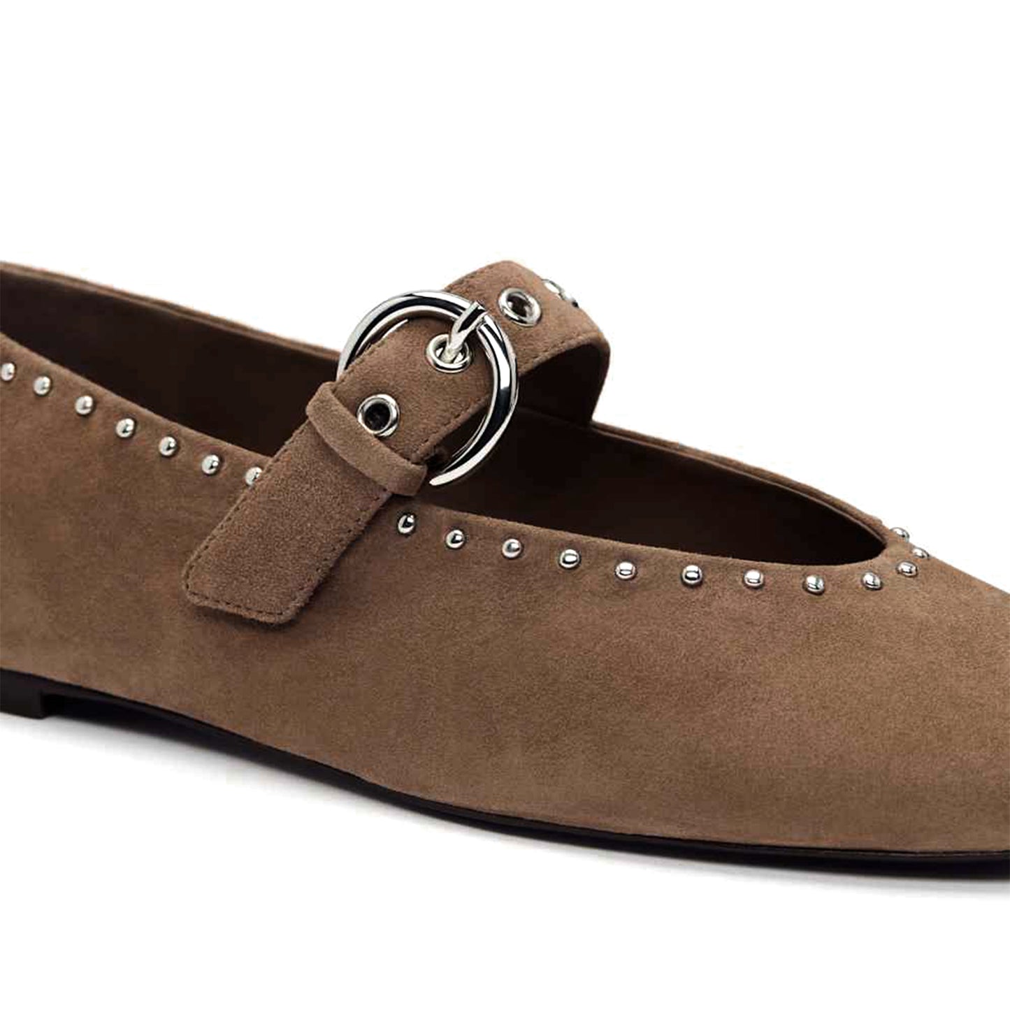 Brown Faux Suede Square-Toe Classic Buckle Bridge Strap Studs Ballet Flats