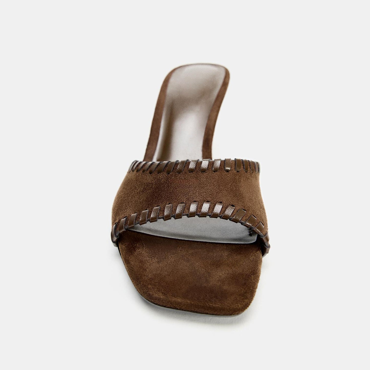 Brown Faux Suede Square-Toe Front Strap With Topstitch Backless High Heels
