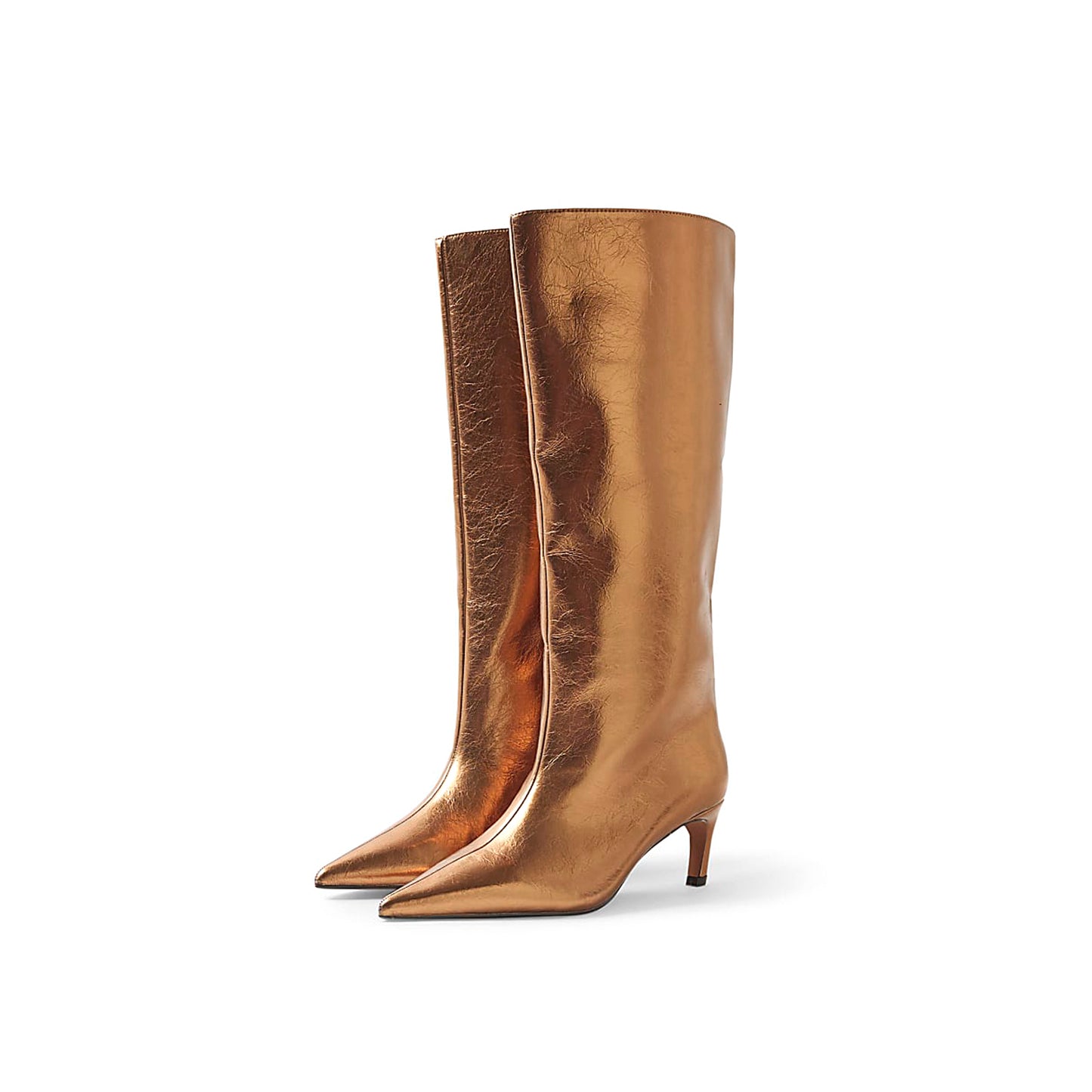 Metallic Bronze Pointed-Toe Sleek Wide Calf Knee High Stiletto Boots