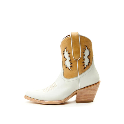 Contrast Beige and Khaki Pointed-Toe Inlay Ankle Cowgirl Boots