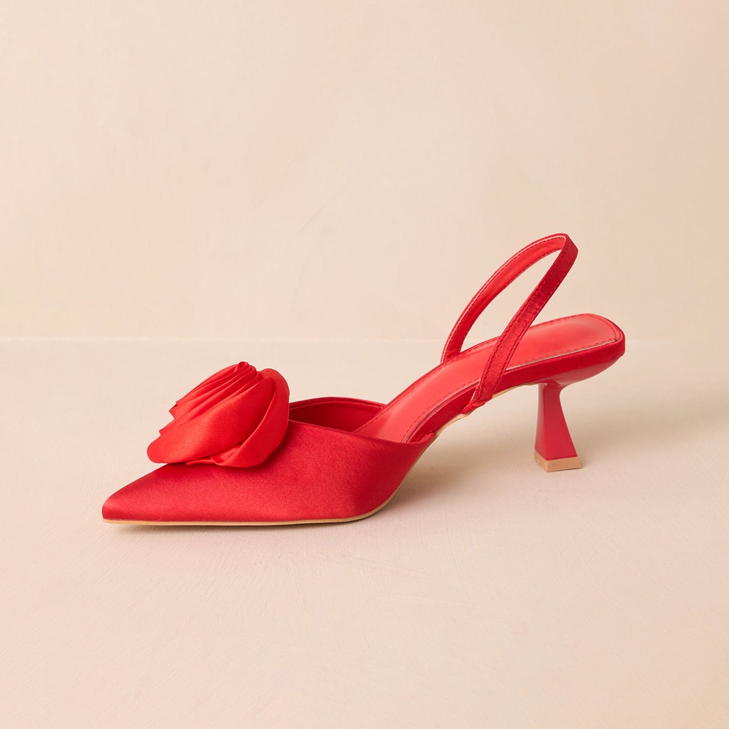 Red Satin Pointed-Toe Front Flower Slingback Kitten Heels