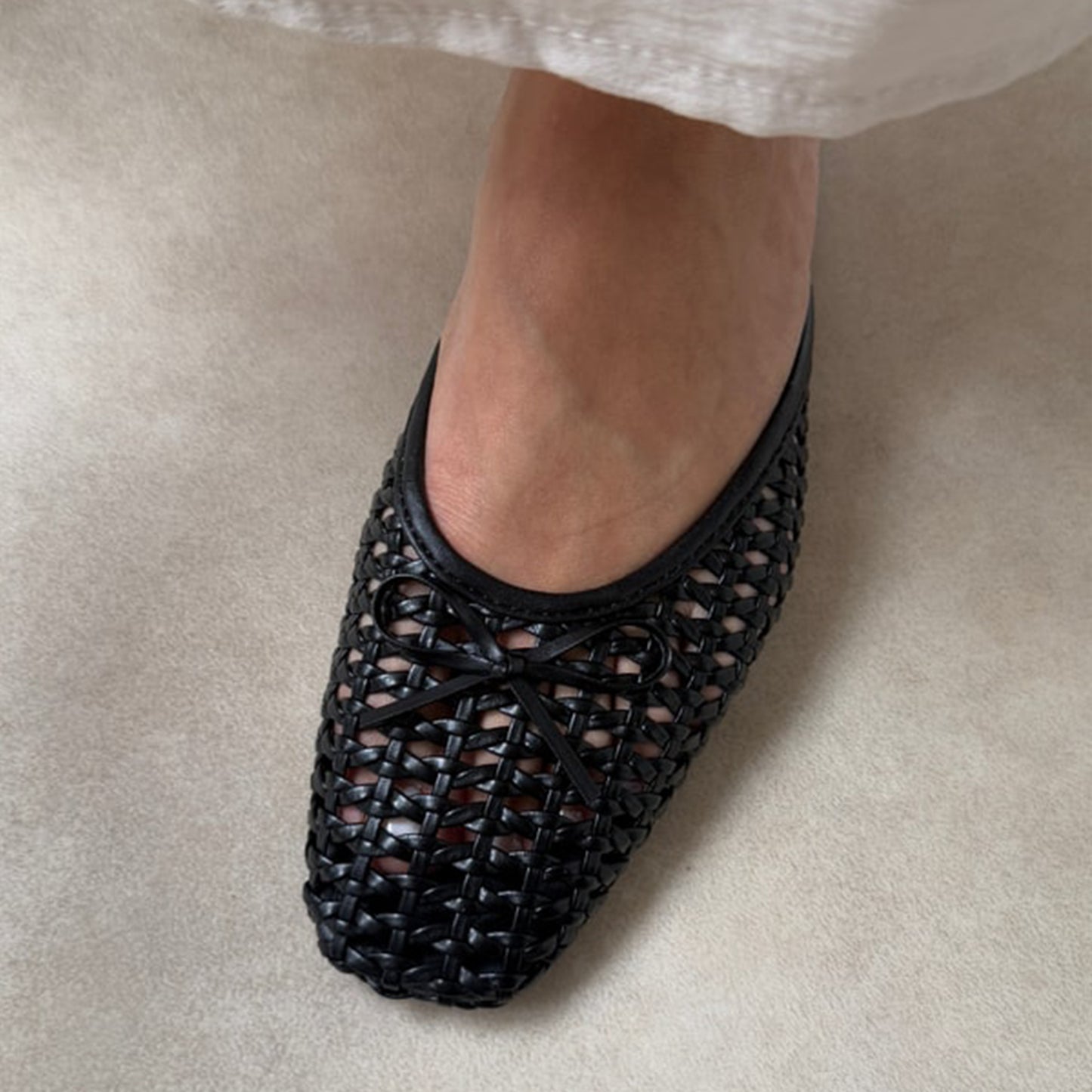 Black Woven Vegan Leather Square-Toe Front Bow Backless Chic Flats