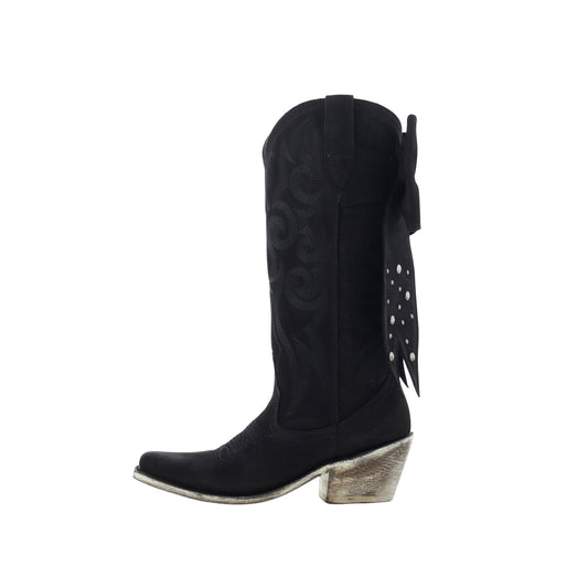 Black Pointed-Toe Embroidery Back Studded Bow Mid Calf Cowgirl Boots