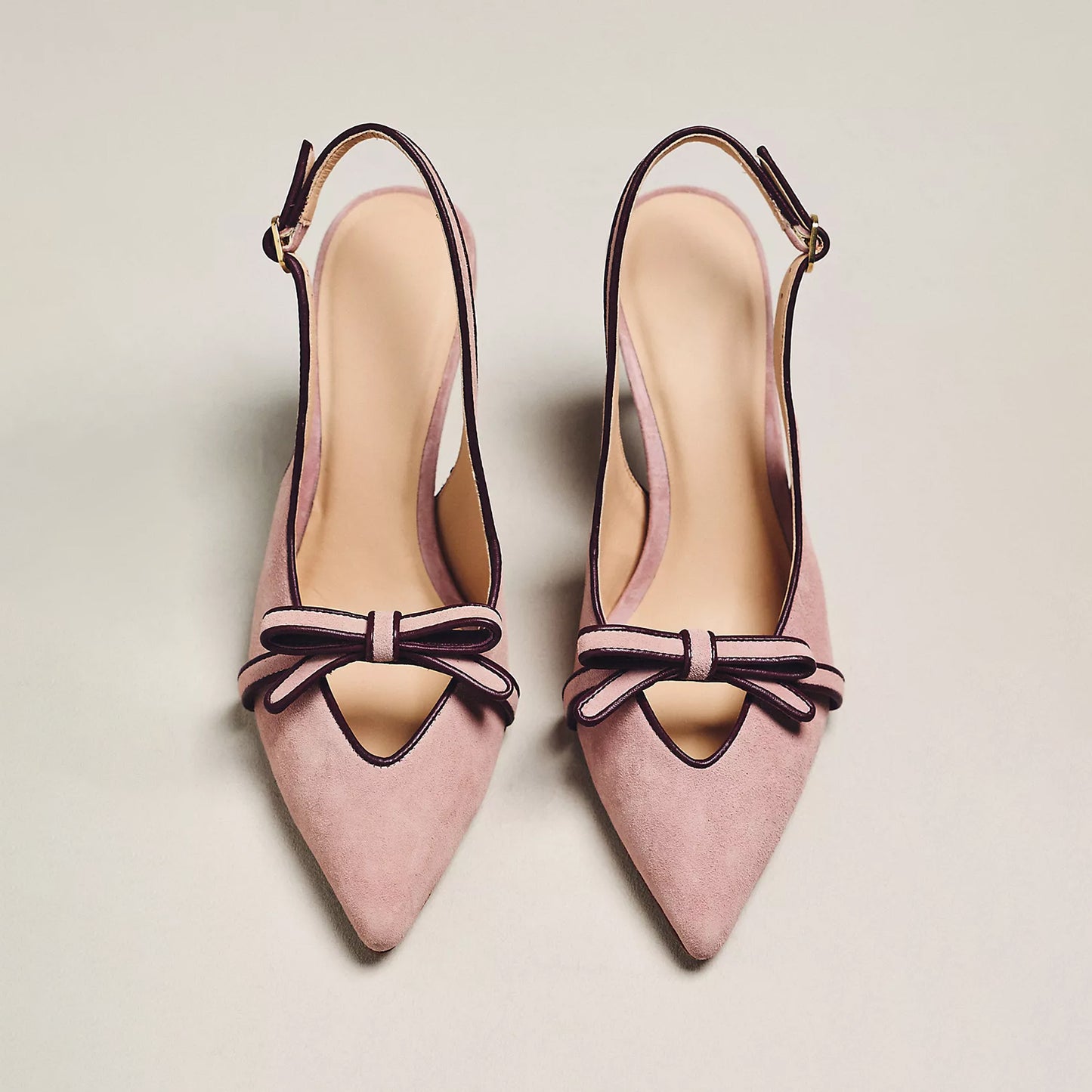 Pink Suede Pointed-Toe Front Bow Slingback Ankle Strap Kitten Heels