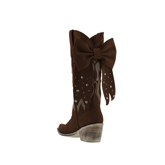 Dark Red Pointed-Toe Embroidery Back Studded Bow Mid Calf Cowgirl Boots