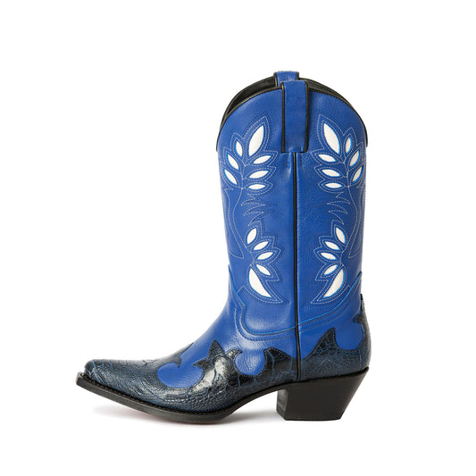 Contrast Blue And Black Snakeskin Print Snip-Toe Inlays Mid Calf Cowgirl Boots