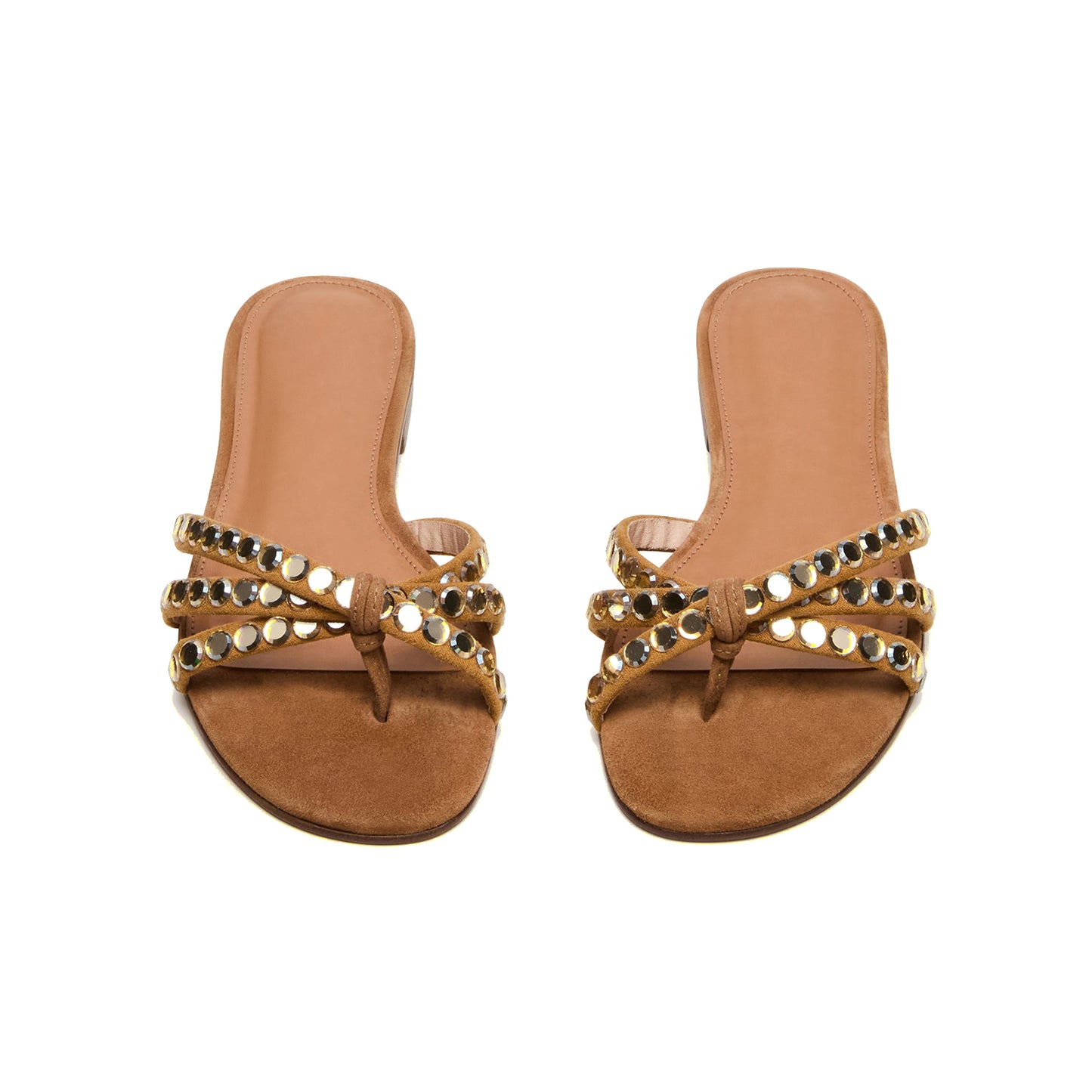Brown Faux Suede Square-Toe Front Strappy With Rhinestones Backless Flats