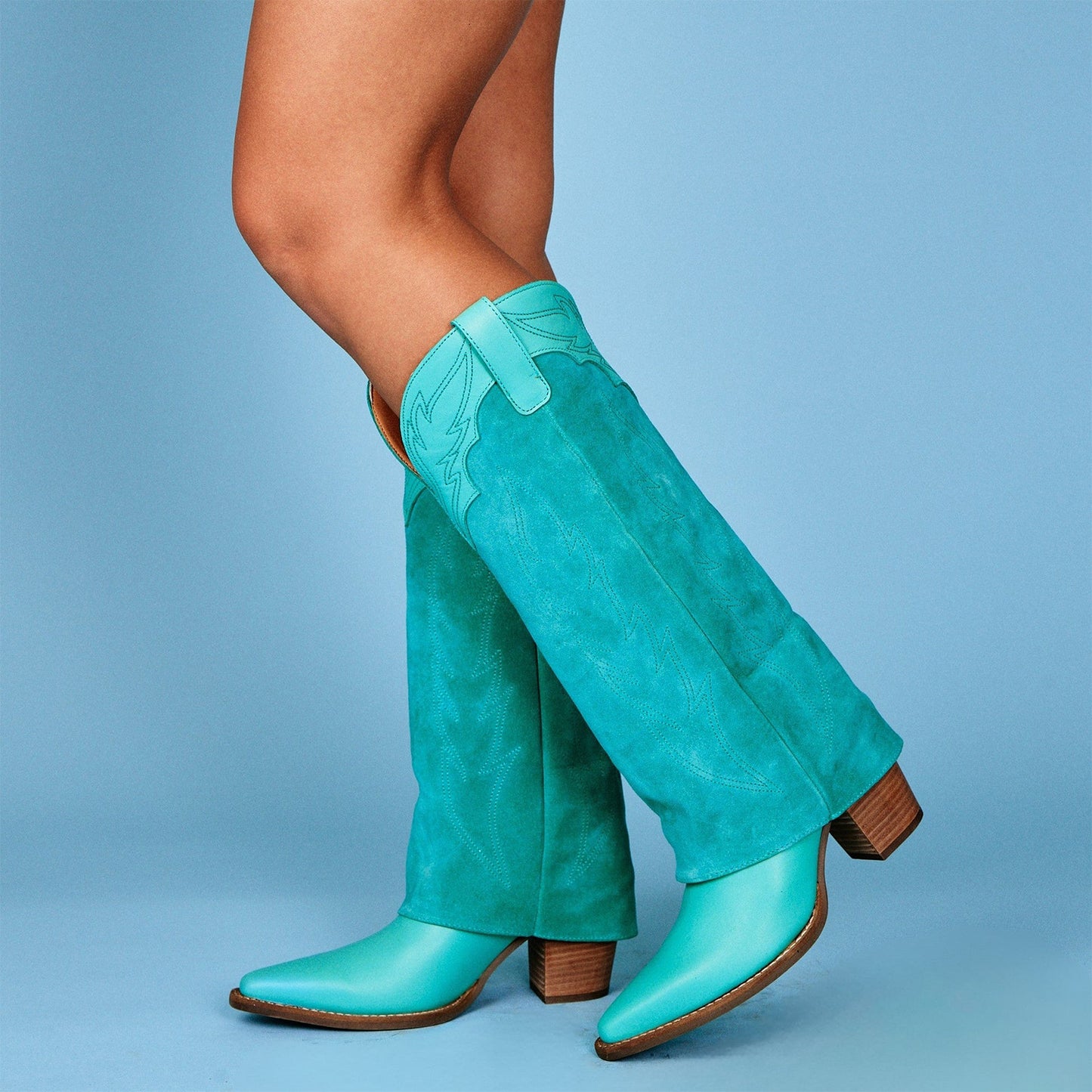 Green Snip-Toe Faux Suede Fold-Over Embroidery Wide Calf Knee High Cowgirl Boots