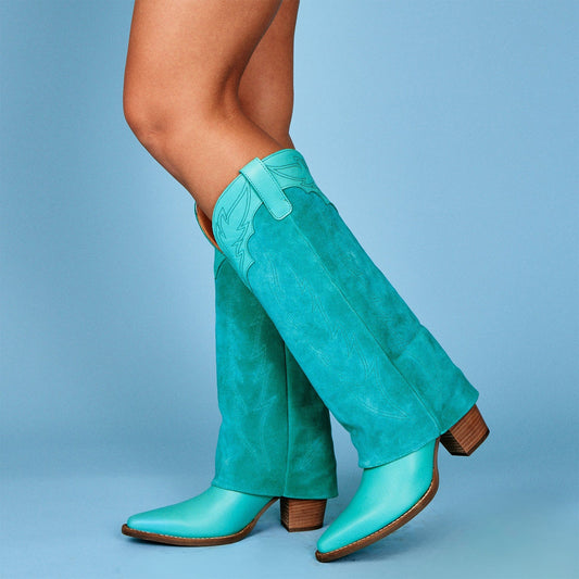 Green Snip-Toe Faux Suede Fold-Over Embroidery Wide Calf Knee High Cowgirl Boots