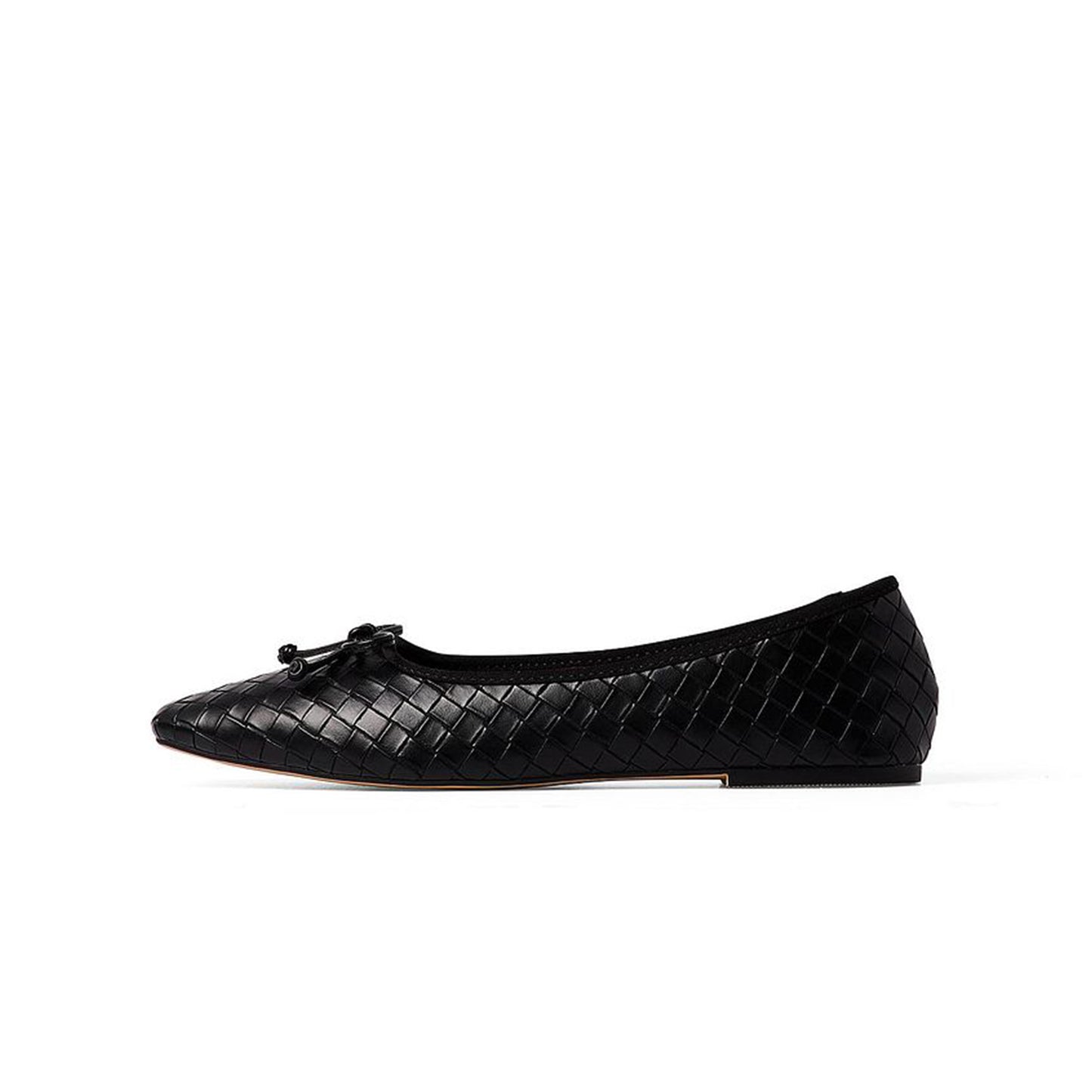 Black Vegan Leather Woven Square-Toe Front Bow Detail Ballet Flats