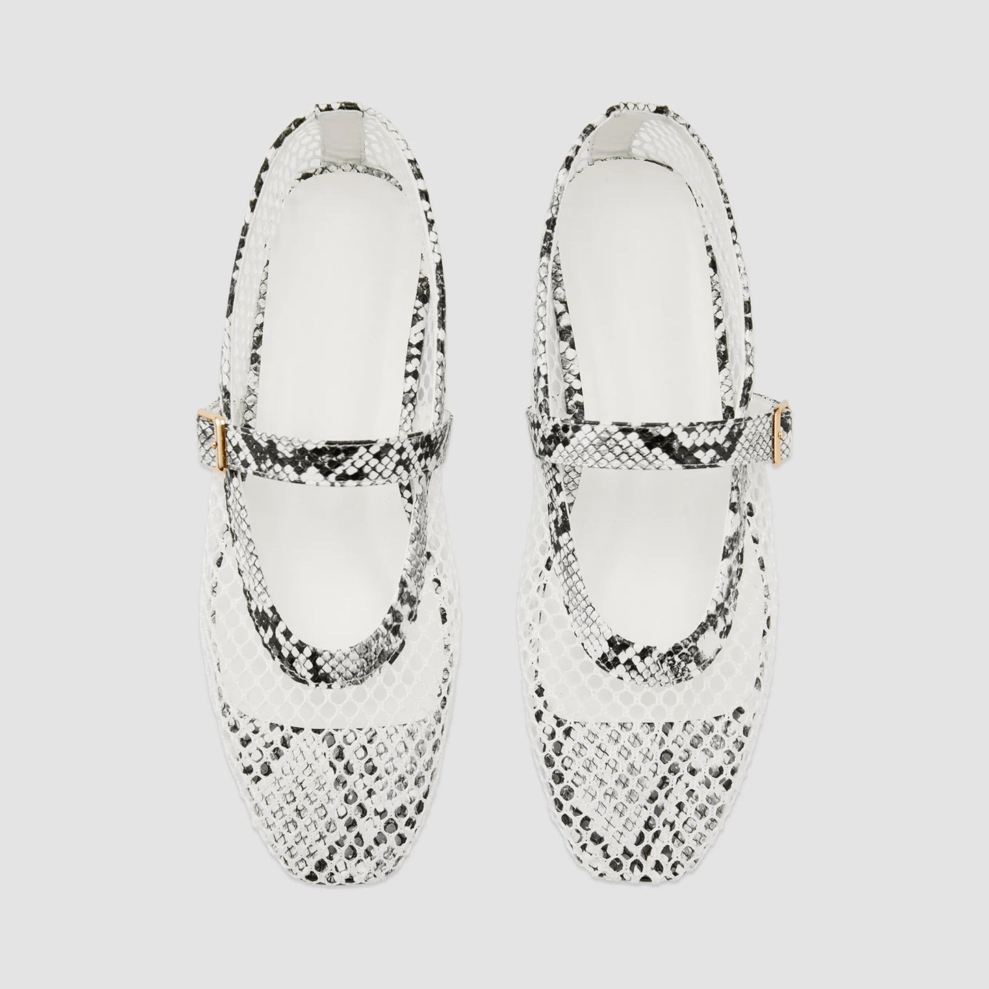 Mesh And Snakeskin Pattern Square-Toe Mary Jane Ballet Flats