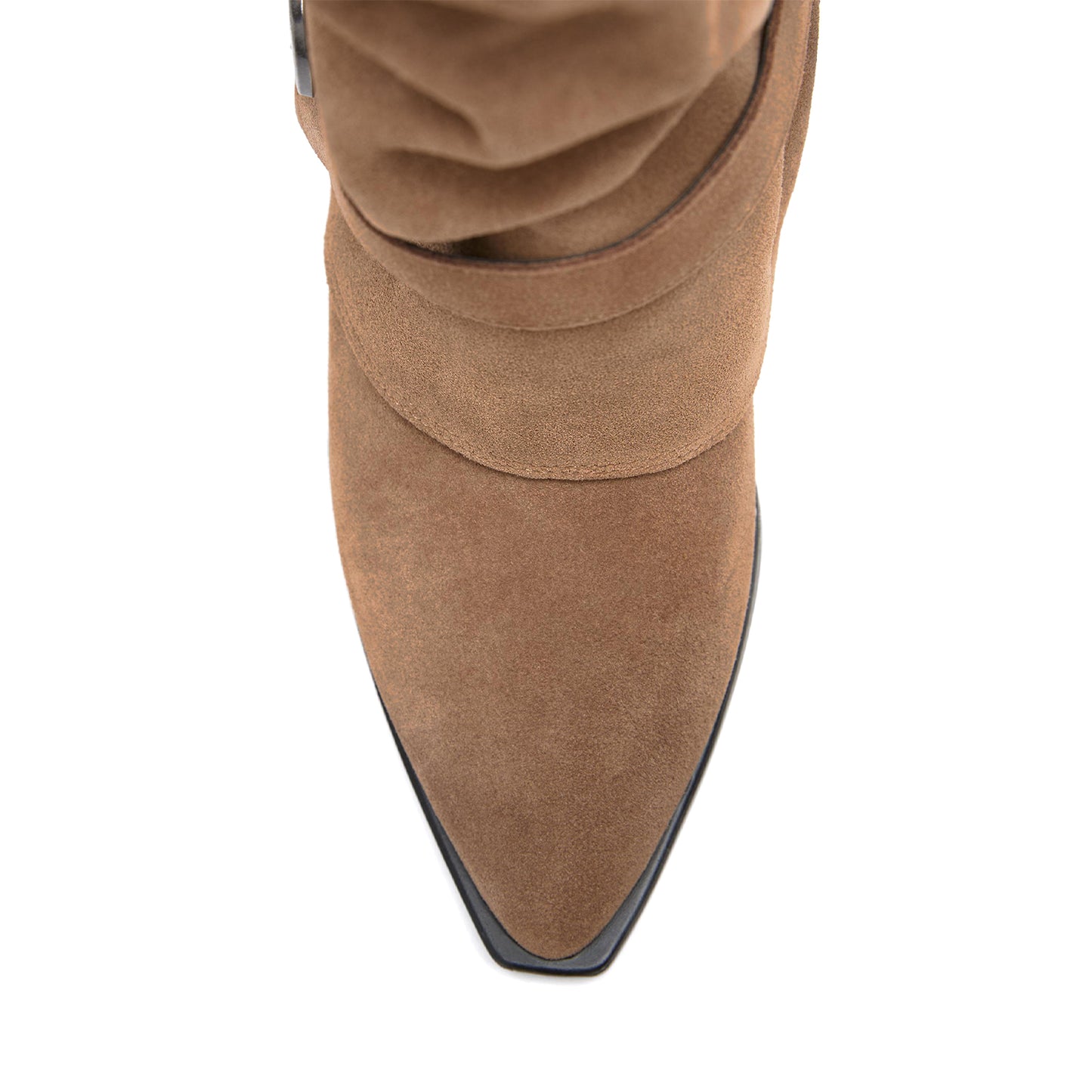 Camel Faux Suede Almond-Toe Fold-Over With Buckle Strap Mid Calf Cowgirl Boots
