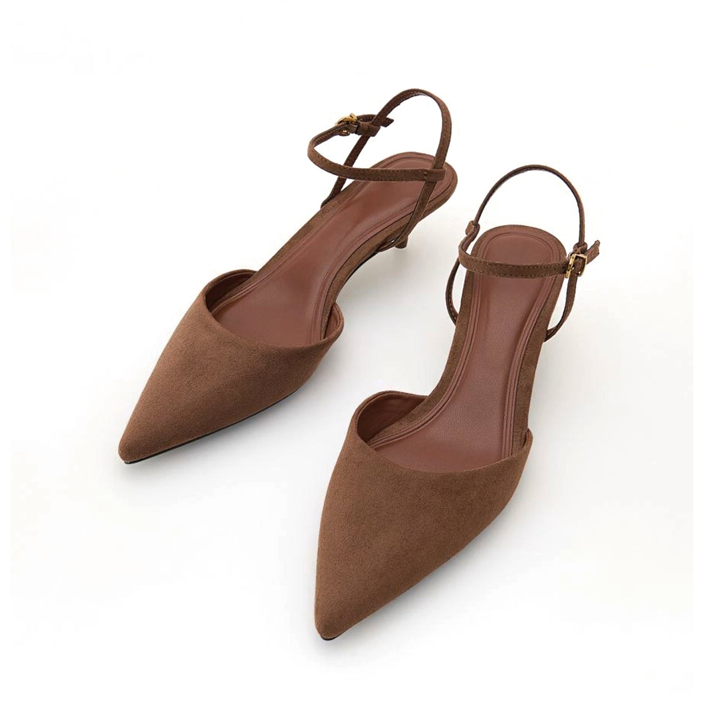 Brown Faux Suede Pointed-Toe Classic Ankle Strap Kitten Heels
