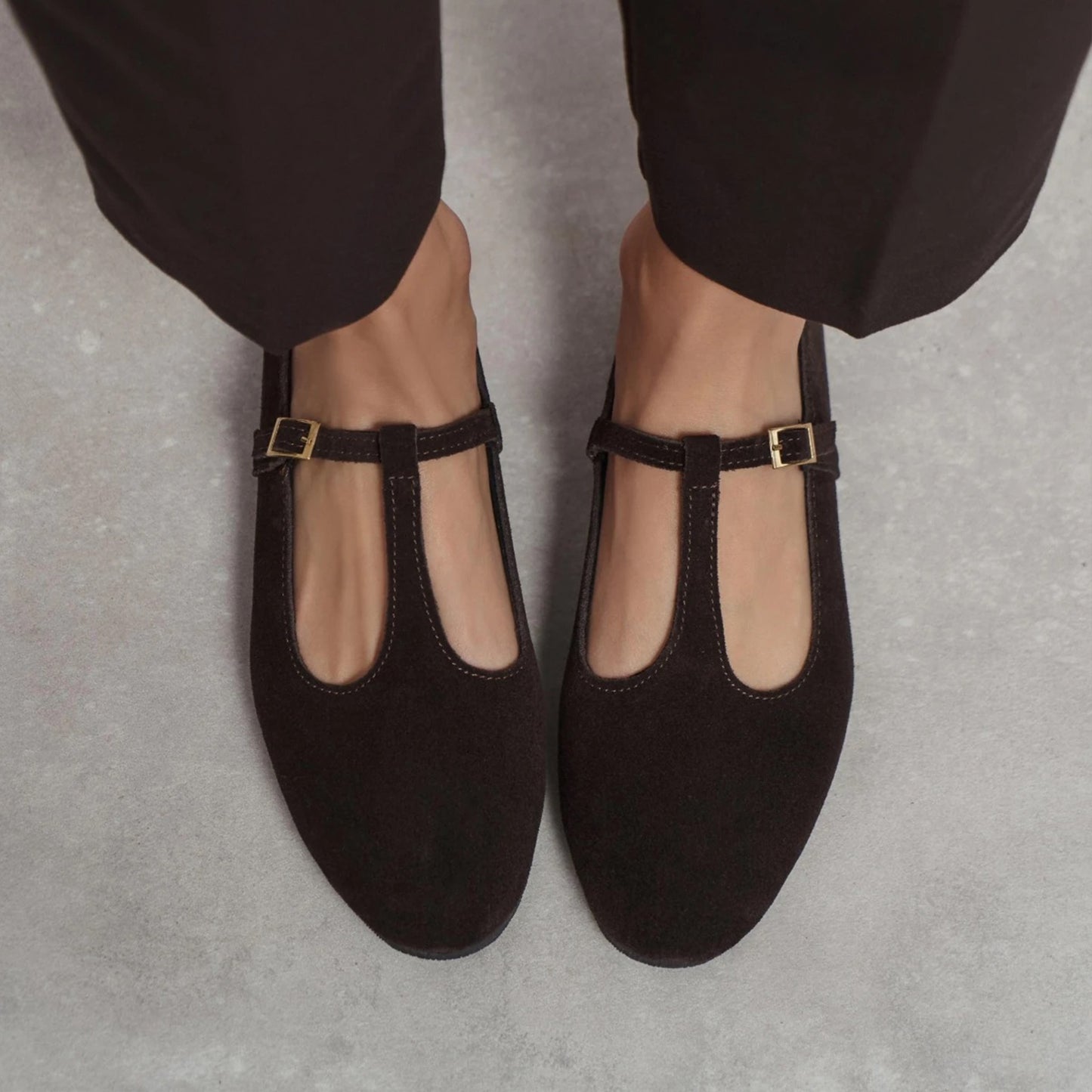Coffee Faux Suede Round-Toe Buckle Middle Strap Simple Chic Flats